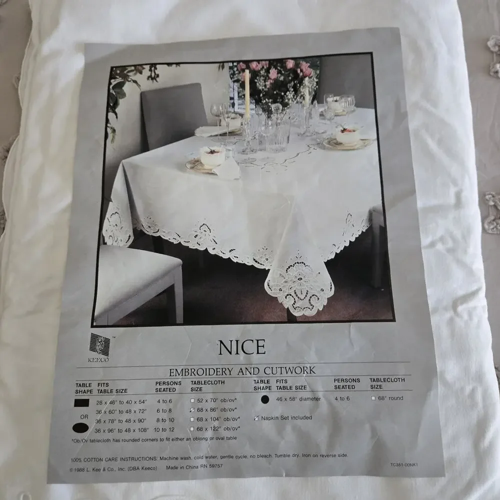 Vintage 80s Keeco Embroidered Cutwork Tablecloth Napkin Set White Cotton 68x86
